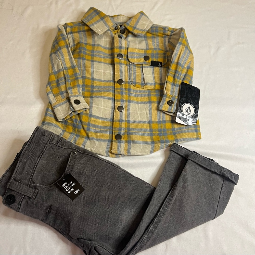 Volcom Baby Boys Outfit Set Plaid Flannel Shirt Gray Jeans 12M NWT 2 Piece